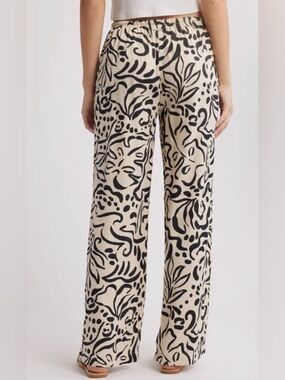 Billabong Abstract Palm Print Wide Leg Beach Pants Ivory Black Size M Boho